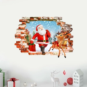 3D Christmas wall sticker featuring Santa and reindeer with a broken wall visual effect