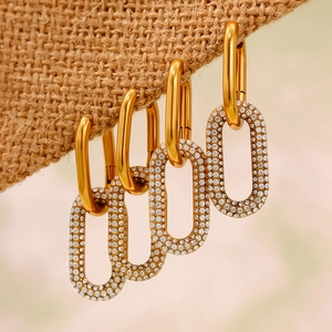 Boucles D'oreilles Créoles Ovales Double Maillon Acier Inoxydable 304 Zircon Mode Bijoux Luxe Femmes Plaqué Or