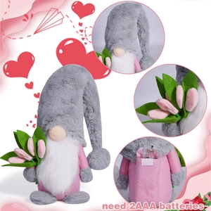Plush gnome doll with pink tulips and LED lights, ideal for Mother's Day home decor