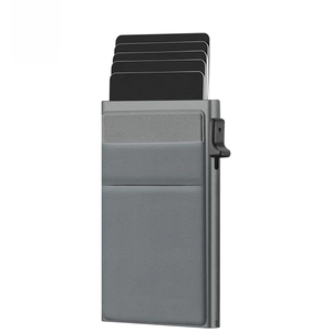 Slim RFID blocking aluminum wallet for men with pop-up card mechanism and stretch pocket