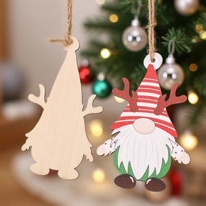 Wooden Christmas gnome ornaments with reindeer antlers and hemp rope on a festive tree