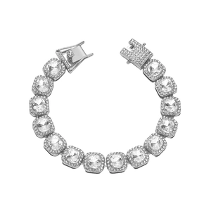 Hip hop silver Cuban link bracelet with square crystals and pavé diamonds on white background