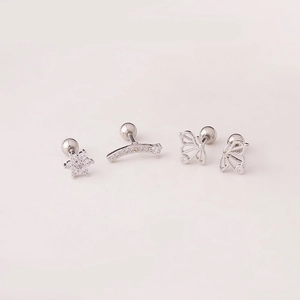 Set of four silver stainless steel stud earrings with flower, butterfly, and zircon designs