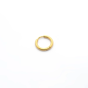 Detailed close-up of a polished gold stainless steel small hoop earring with clasp