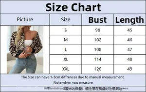 Size chart for leopard print short jacket showing bust and length measurements in centimeters