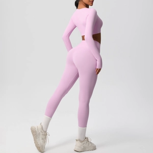 Close-up of pink long-sleeved crop top and high-waisted yoga pants set with matte texture