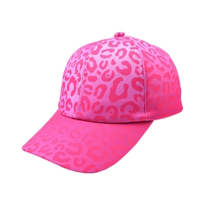 Close-up of pink leopard print kids baseball cap with six-panel crown and curved brim