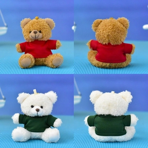 Front and back views of mini teddy bear plush keychains in red and green shirts