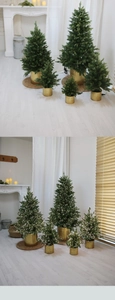 Mini PE artificial Christmas trees with golden bases and warm LED lights for home decor