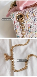 Detail of pink tweed texture with golden metal ring and chain strap for mini crossbody bag