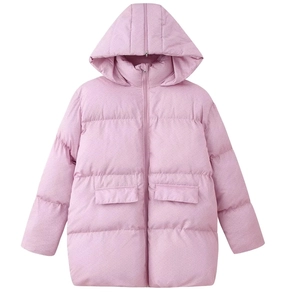 Pink hooded jacket with heart embossed texture and quilted zip-up design details