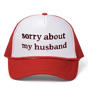 Red and white trucker hat with Sorry about my husband embroidery and adjustable mesh back