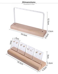 Detailed dimensions of wooden base and acrylic earring display stand with measurement labels
