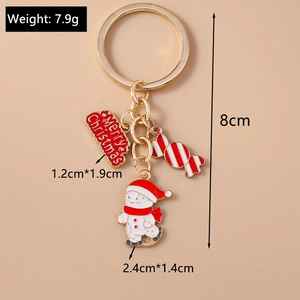 Detailed view of Christmas snowman keychain with Merry Christmas plaque and candy charm