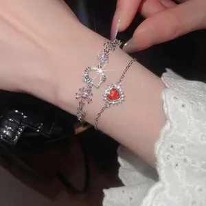 Heart Pendant Bracelet Copper Zircon Inlaid Cartoon Cat Shape Charm Adjustable Silver Color Jewelry For Women