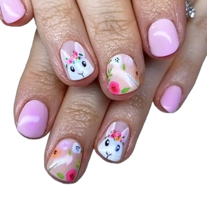 Easter short french press-on nails featuring cute white bunny and flower patterns