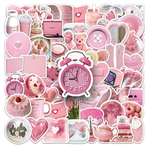 Detail of 50 pink aesthetic stickers featuring retro record players and floral patterns