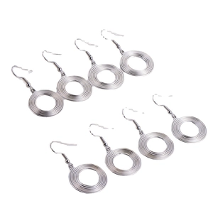 Silver round spiral drop earrings with concentric texture and metal hooks for women