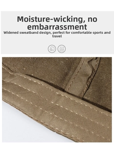 Macro detail of the wide inner sweatband on a khaki cotton baseball cap for moisture wicking