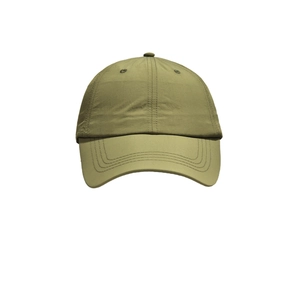 Close-up of olive green breathable baseball cap featuring curved brim and fine stitching detail