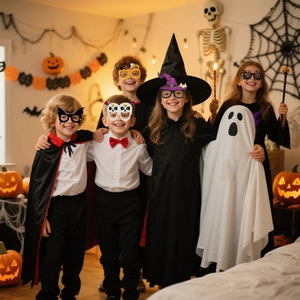 Gros plan d'enfants portant des lunettes d'Halloween en feutre avec citrouille et crâne