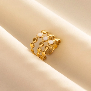Gold-plated 304 stainless steel triple-layer open ring with white enamel inserts