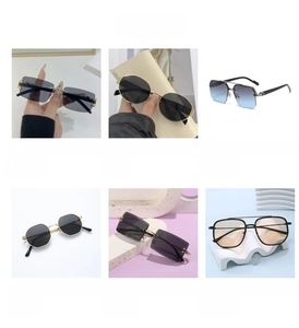Collection of retro round and square rimless sunglasses with metal frames and gradient lenses