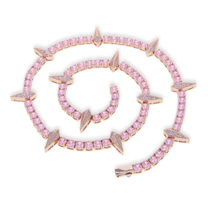 Rose gold 5mm tennis chain necklace and bracelet with pink stones and sharp spike pendants