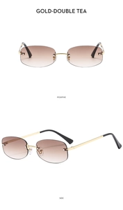 Detail view of gold metal temples and double tea gradient lenses on rimless sunglasses