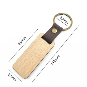 Rectangular walnut wood keychain with leather strap and metal ring, size 112mm x 27mm