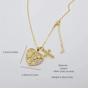 18K gold plated copper necklace with CZ cross and heart pendants showing dimensions
