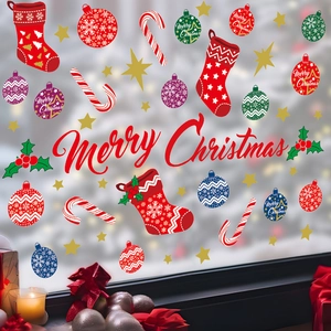 Pegatinas navideñas para ventanas con calcetines rojos y bastones de caramelo, estilo cálido