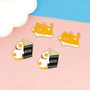 Cute enamel cat charms on books for DIY jewelry making and keychain accessories