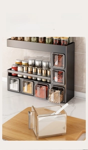 Three-tier dark gray kitchen spice rack with drawers and transparent flip containers