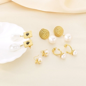 Elegant gold bow and pearl stud earring set featuring four trendy minimalist designs