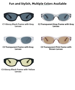 Flat lay of retro cat eye sunglasses in black, grey, transparent pink and yellow lenses