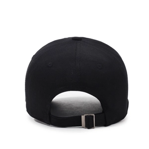 Rear view of black cotton baseball cap with adjustable metal buckle and strap