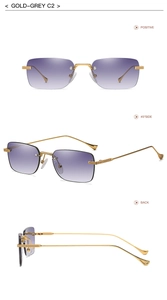 Detail view of gold metal temples and gradient grey-purple lenses on rimless sunglasses