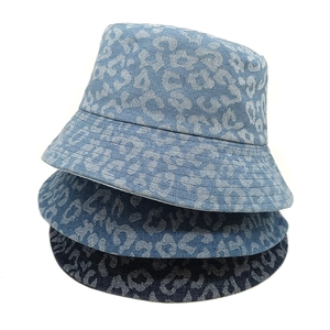 Leopard Print Denim Bucket Hat Sun Protection Vintage Cotton Basin Hat For Women Men