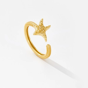 S925 sterling silver starfish ring with golden finish and adjustable open band