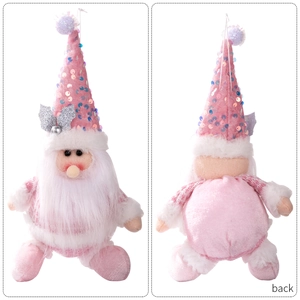 Pink sequined Santa plush ornament with silver bow, showing front and back views