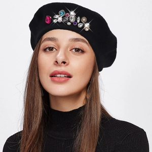 Women's black wool beret hat featuring colorful rhinestones and elegant crystals