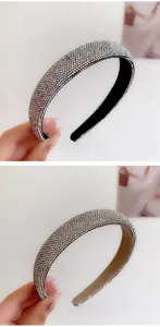 Close-up of thick padded rhinestone headbands in colorful AB and silver crystal finishes