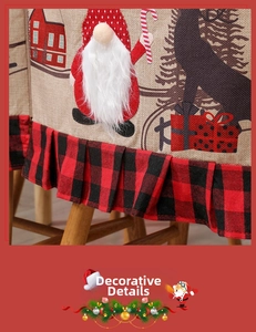Detail of Christmas chair cover with Santa applique and red black buffalo plaid trim