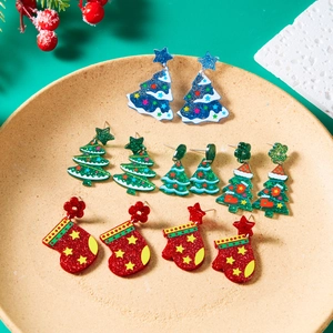 6 pairs of festive glitter acrylic earrings featuring Christmas trees, socks and gloves
