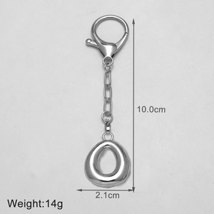 Silver metal keychain detail showing lobster clasp and dimensions of 10.0cm length