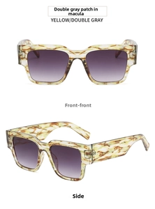 Front and side views of rectangular tortoiseshell sunglasses with gray gradient lenses