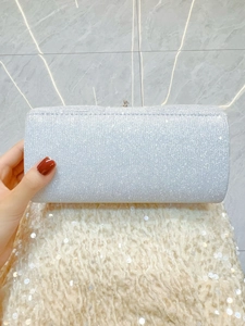 Elegant silver sequin clutch bag for evening parties with metallic clasp and hand-held style