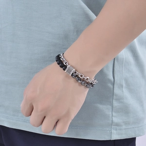 Men's double-layer stainless steel bracelet with black frosted stones and OT toggle clasp