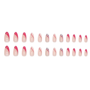 French rose pink almond press-on nails with leopard print and gold glitter accents